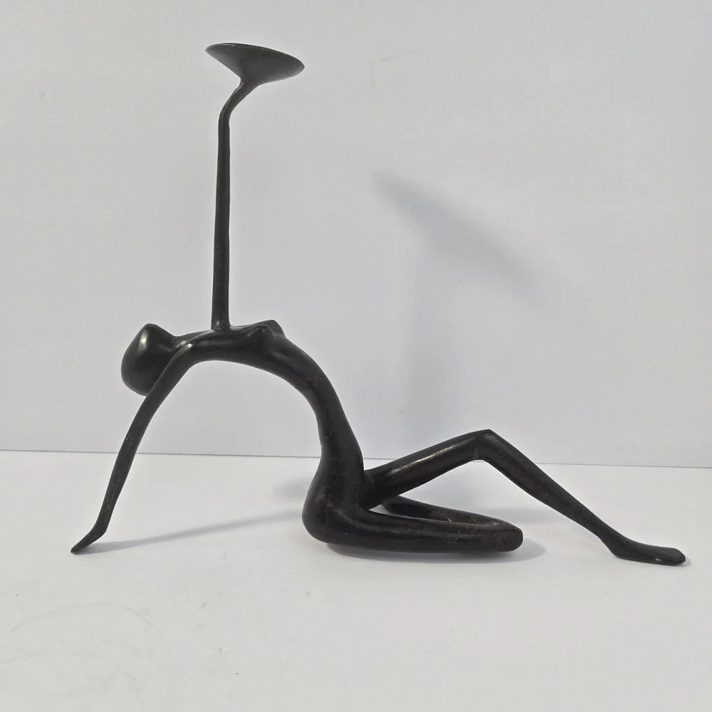 Vintage Bronze Finish Metal Reclining Female Figure Candle Holder Sculpture 10